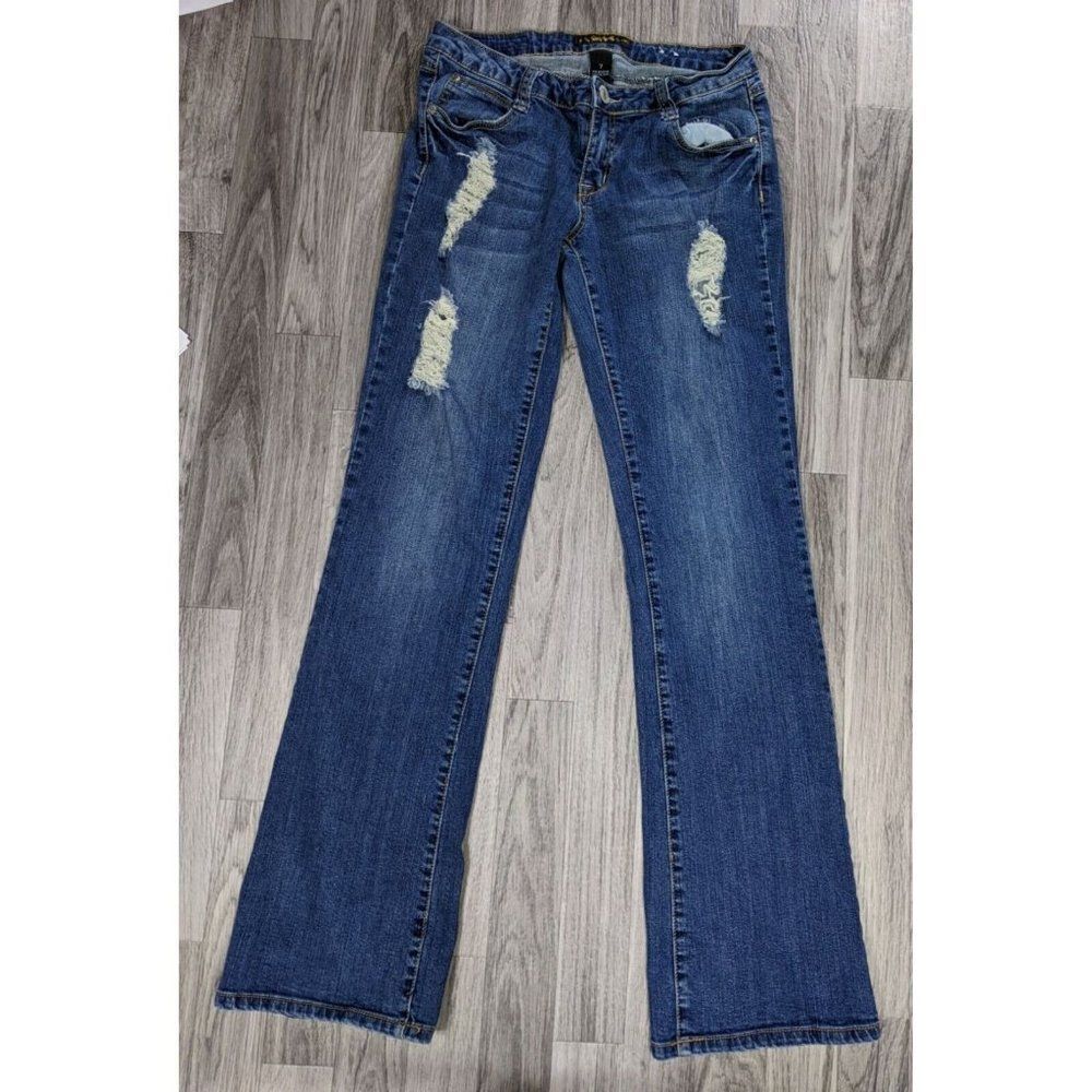 Southpole Juniors Size 7 Distressed Embroidered Pockets Bootcut Denim Blue Jeans